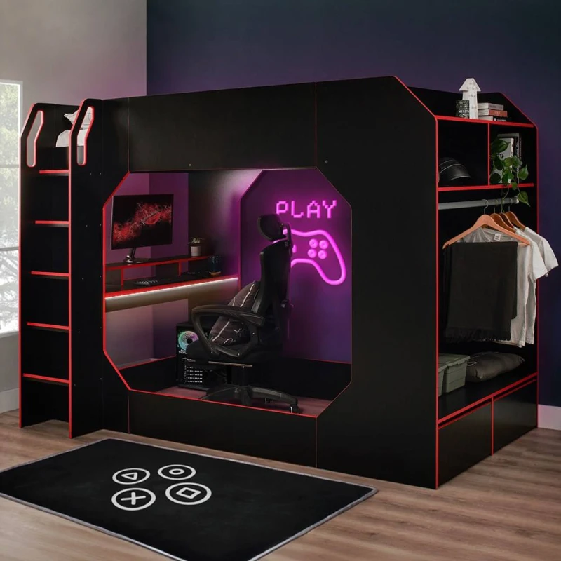 Image of Recoil Boss Pod Small Double Gaming High Sleeper Bed with Desk & Storage in Black Unisex Small Double