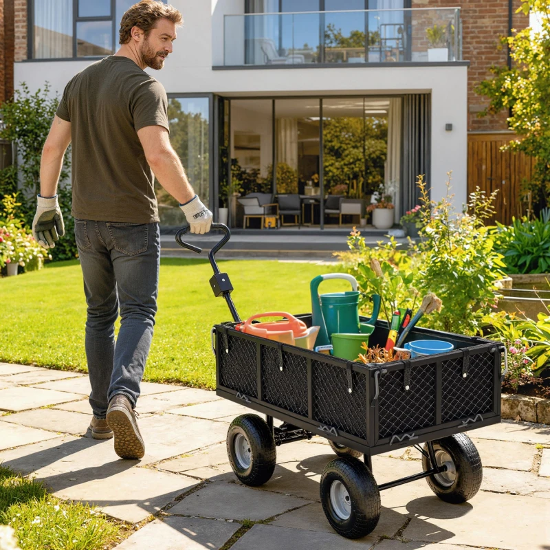Image of Outsunny Garden Cart with Removable Liner, Quick-Release Sides, Black Black