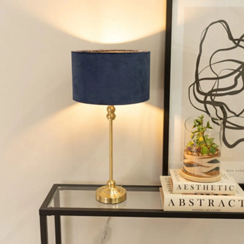 Image of ValueLights ValueLights Maggie Gold Metal Candlestick Table Lamp with Velvet Drum Shade and LED Bulb in Navy Navy One Size Unisex 5059406051586