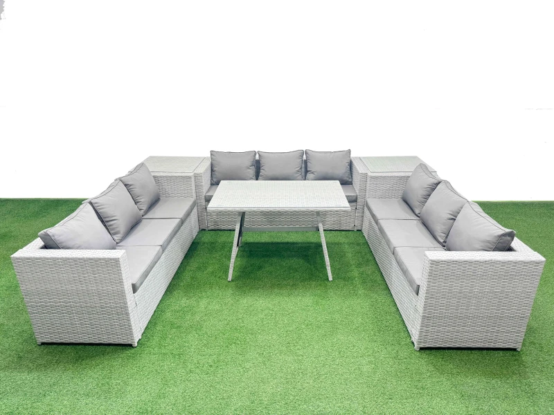 Image of Fimous 9 Seat Patio PE Rattan Garden Furniture with 2 Side Tables Light Grey Light Grey Unisex