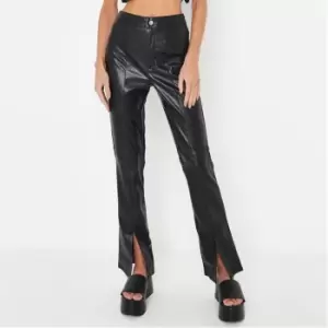 image of Missguided Petite Faux Leather Split Hem Trousers - Black