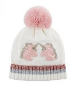 image of Monsoon Girls Lizzie Dazzle Unicorn Pom Beanie Hat - Ivory