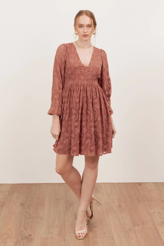 Image of Lovedrobe Womens Floral Burnout Long Sleeve Mini Dress in Terracotta Size: 16 Terracotta Female 16