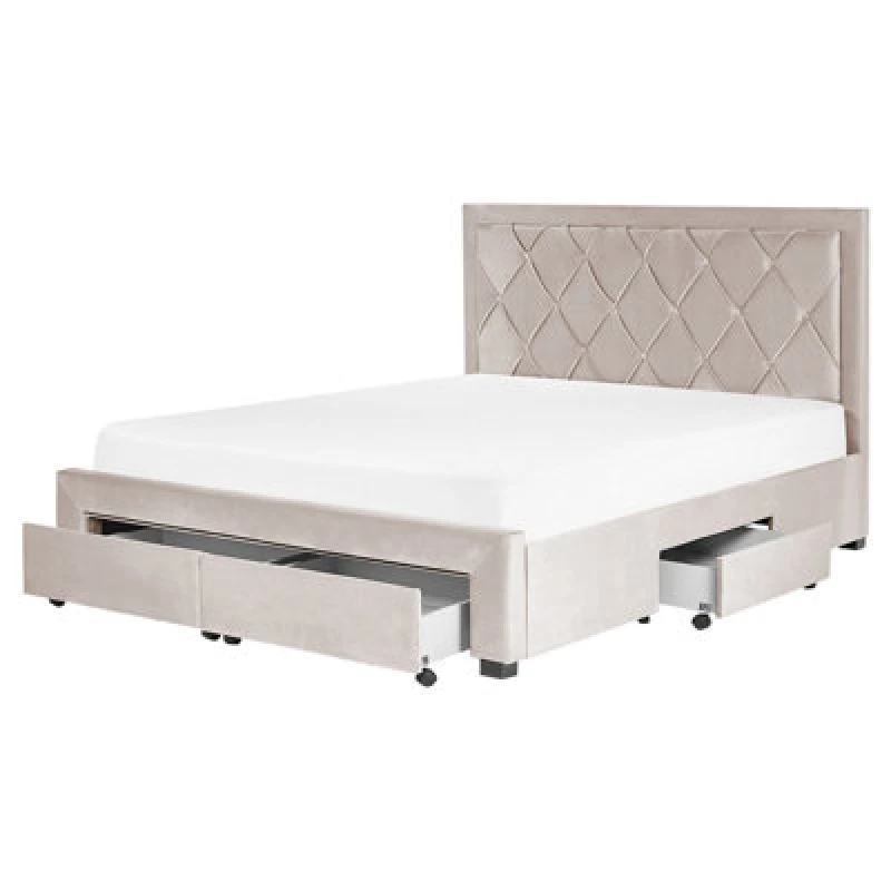 Image of Beliani Bed With Storage Drawers Velvet Lievin 160 X 200 Cm (Eu King Size) Beige