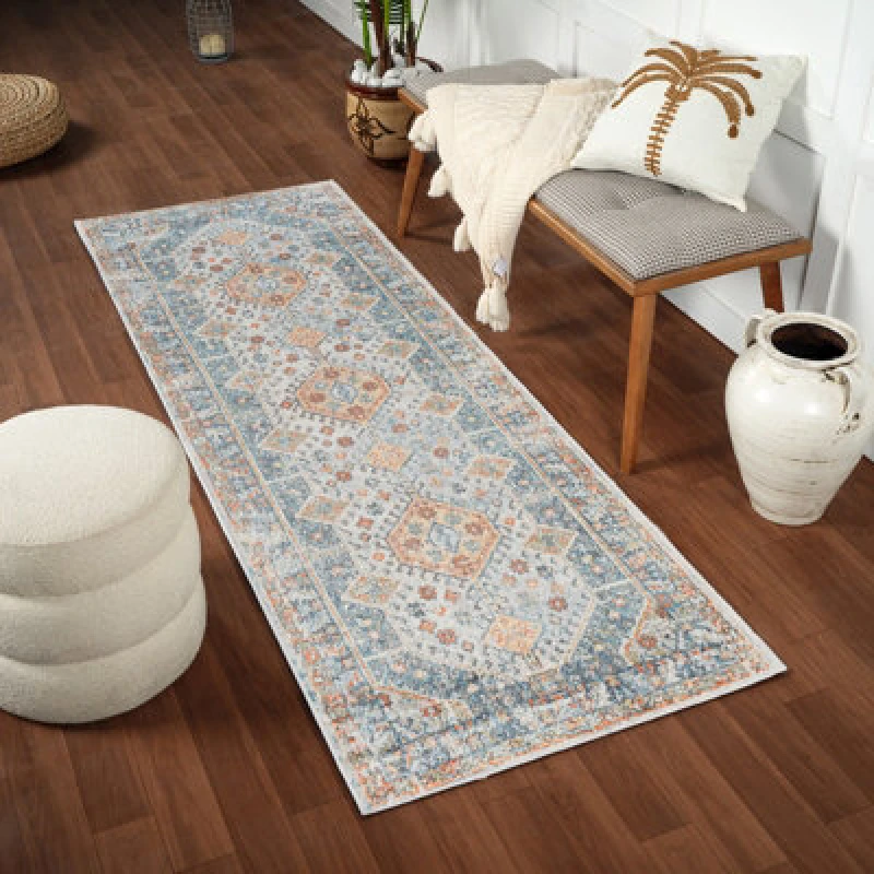 Image of Livabliss Machine Washable Oriental Boho Denim Alka Runner Rug 80 X 220 Cm - Easy Care, Non Shedding, Ideal For Hallway Or Beside The Bed