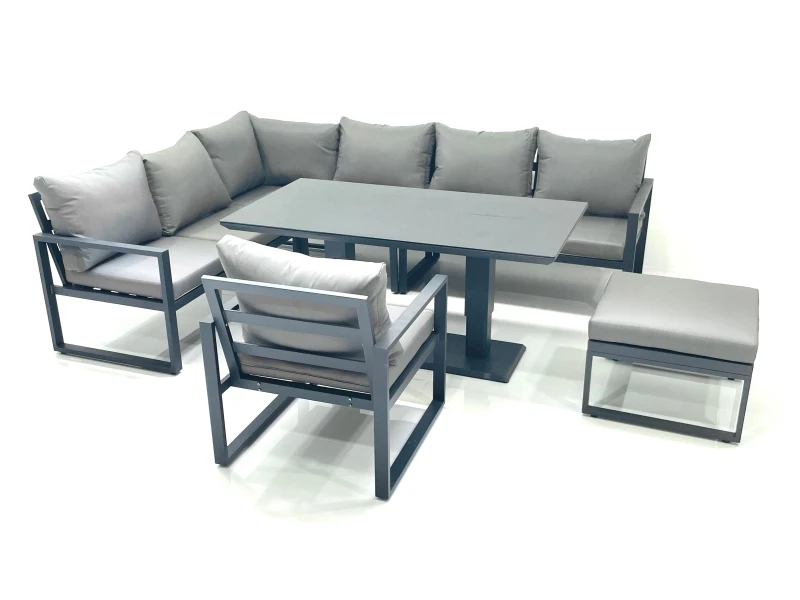 Image of Fimous Aluminum Outdoor Garden Furniture Set Corner Sofa Big Footstool Chair Adjustable Rising Lifting Dining Table Sets Dark Grey Dark Grey Unisex