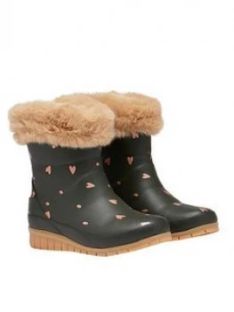 Image of Joules Girls Heart Faux Fur Tipped Wellies - Green