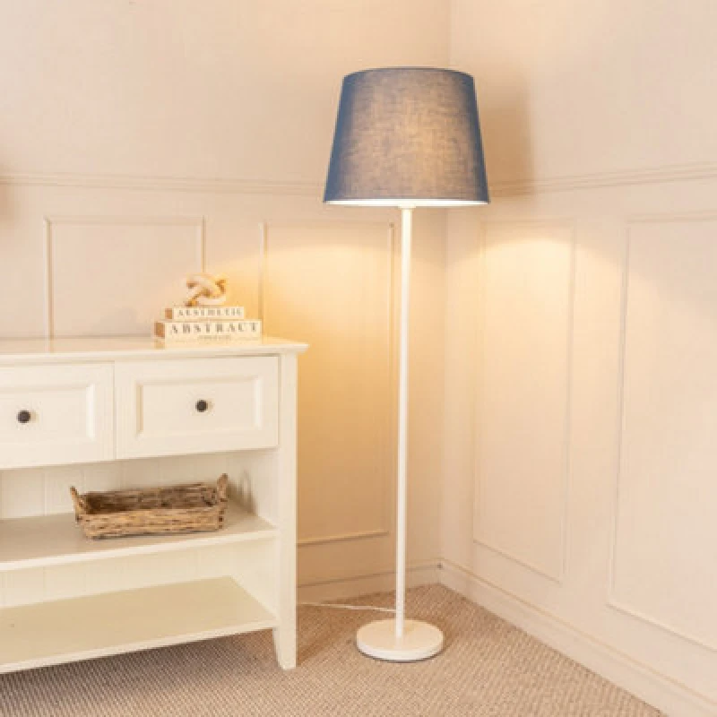 Image of ValueLights Charlie White Metal Single Stem Floor Lamp with Fabric Tapered Lamp Shade Navy