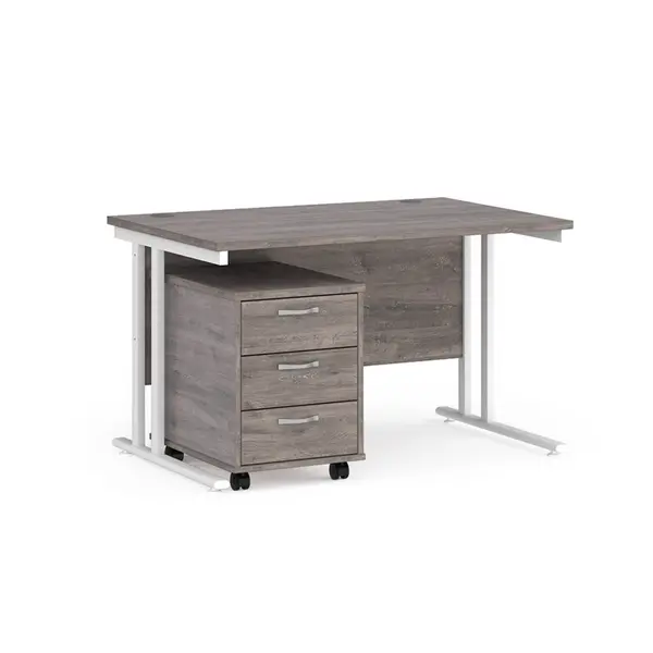 image of Maestro 25 Straight Desk White Frame Grey Oak Table Top and 3 Drawer Pedestal - 1200mm