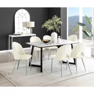 Image of Furniture Box Carson White Marble Effect Dining Table and 6 Cream Arlon Silver Leg Chairs