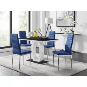 Image of Furniturebox UK - Furniturebox Giovani 4 Black Dining Table & 4 Navy Milan Velvet Dining Chairs Diamond Stitch Modern Contemporary Chrome Metal