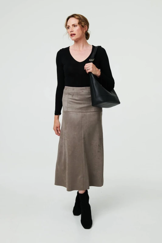 Image of Izabel London Womens Faux Suede A-Line High Waist Midi Skirt in Grey Size: 10 Grey Female 10