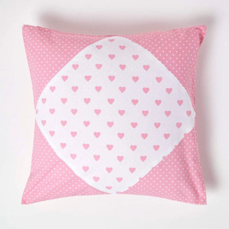 Image of Homescapes Cotton Pink Hearts And Polka Dots Cushion Cover, 60 X 60 Cm
