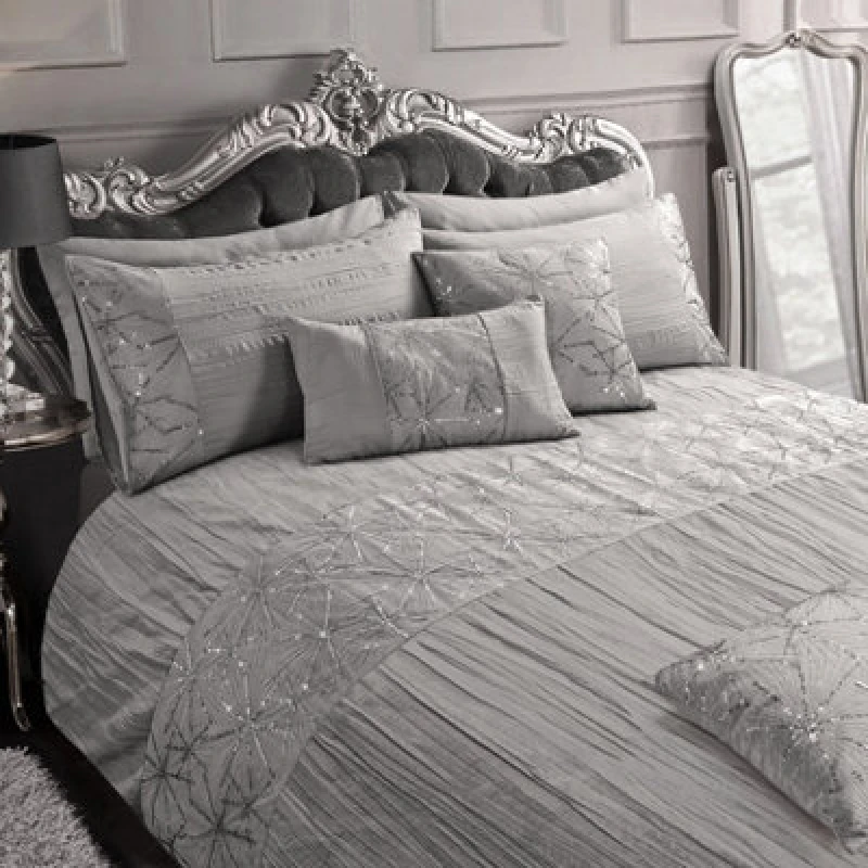 Image of Intimates Elegant Pleated & Sequin Duvet Cover Set With Decorative Pillowcases, Soft Texture Linen Set For Chic Bedroom, Easy Care - Silver