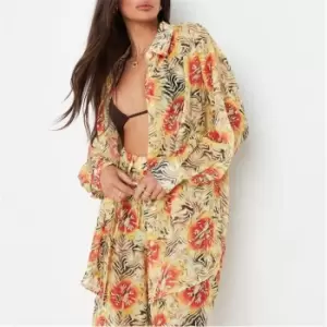 image of Missguided Tropical Print Mesh Beach Cover Up Shirt - Multi