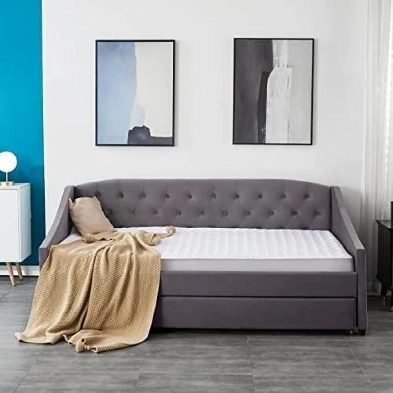 Image of KOSY KOALA Daybed with Trundle grey 3ft twin velvet tufted wooden day bed with 2 mattresses bedroom Grey