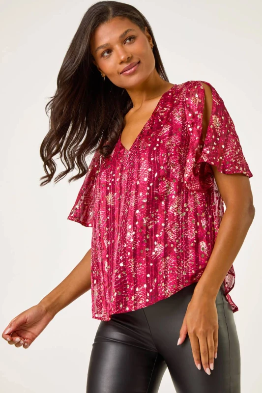 Image of Roman Womens Metallic Angel Sleeve V-Neck Top in Red Size: 10 Red Female 10