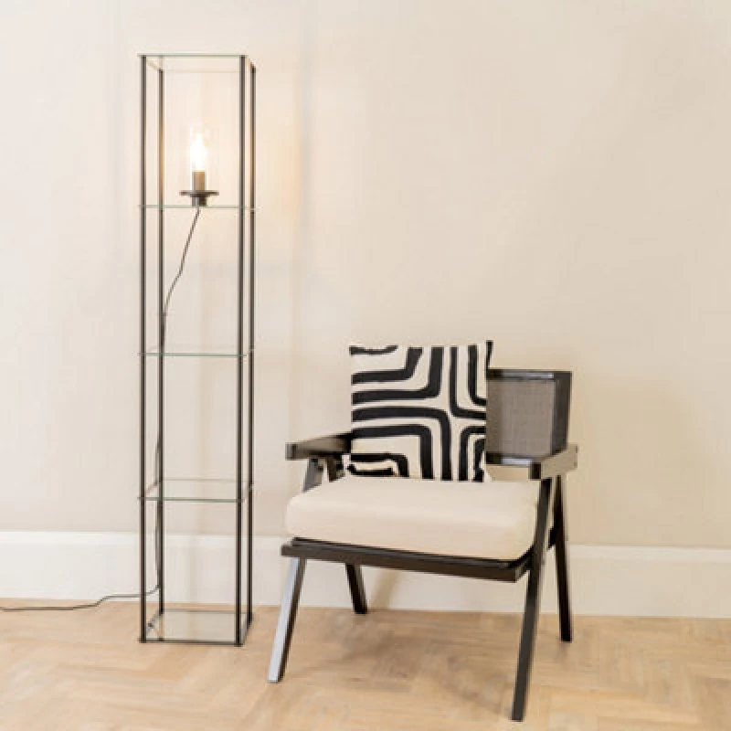 Image of ValueLights Gobie Metal Frame with Glass Storage Shelf Floor Lamp Black