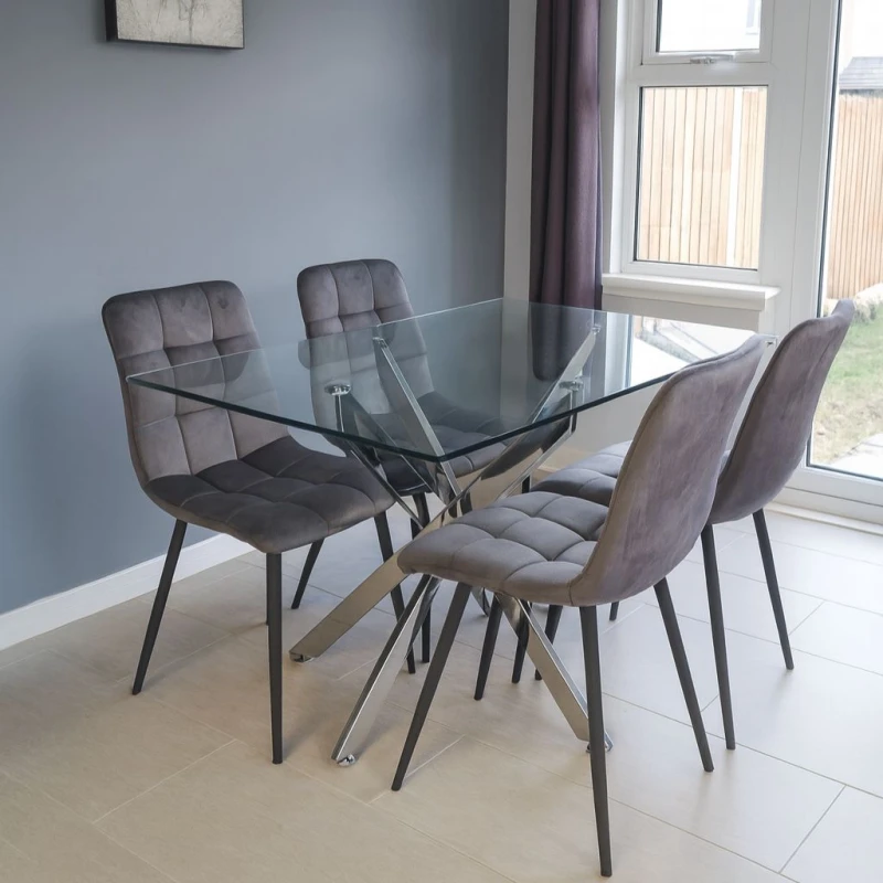 Image of KOSY KOALA Modern Rectangle Glass Dining Table Set With 4 Grey Velvet Chairs Dining Room Furniture in Brown Brown Unisex