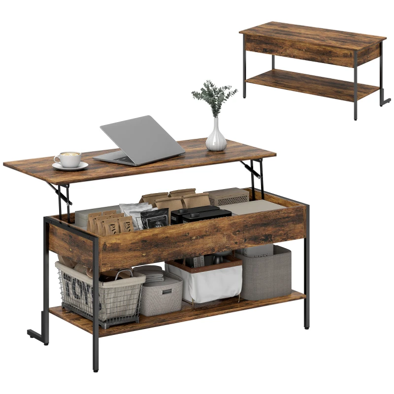Image of HOMCOM HOMCOM Industrial Lift Top Coffee Table with Storage Shelf Rustic Brown Brown One Size Unisex 5063603563759