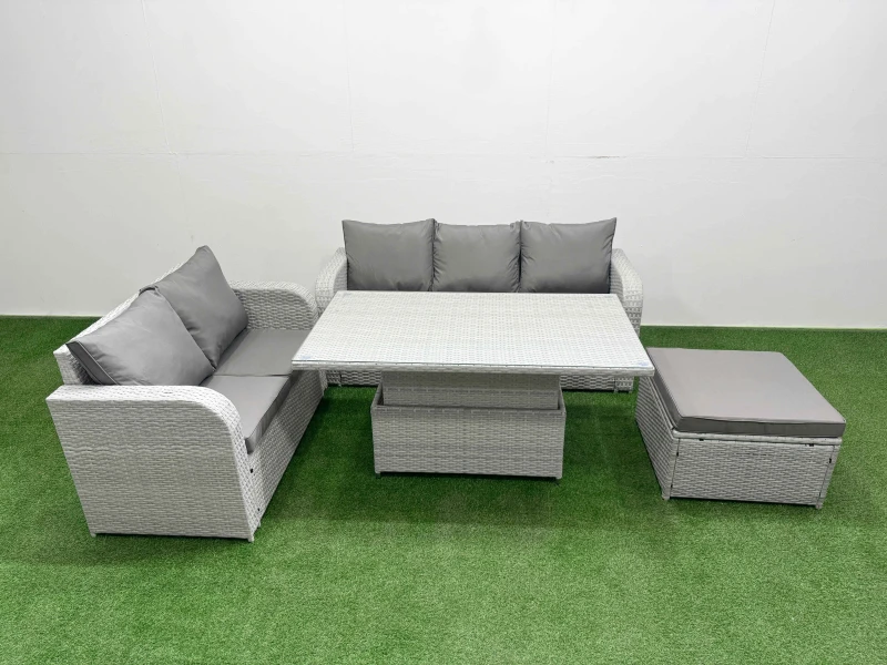Image of Fimous 6 Seater PE Rattan Wicker Garden Furniture Patio Conservatory Sofa Set with Adjustable Lifting Dining or Coffee Table 3 Seater Sofa Love Sofa B