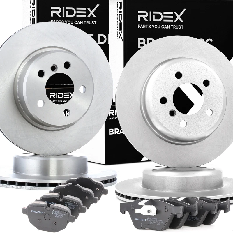 Image of RIDEX 3405B0504 Brake disc and pads set without accessories, Front Axle, Brake Disc Type: two-part brake disc, prepared for wear warning indicator, wi