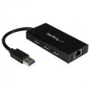 image of StarTech 3 Port Portable USB 3.0 Hub With Gigabit Ethernet Adapter Nic Aluminum With Cable