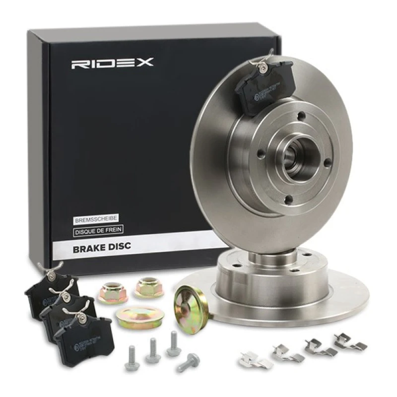 Image of RIDEX 3405B1305 Brake disc and pads set with accessories, Rear Axle, Brake Disc Type: Solid, not prepared for wear warning indicator, with wheel beari