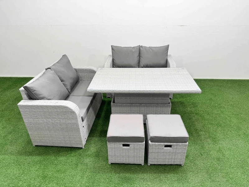 Image of Fimous 6 Seater Outdoor Love Sofa Set Rattan Garden Furniture Set with Adjustable Lifting Dining or Coffee Table 2 Small Stools Light Grey Light Grey
