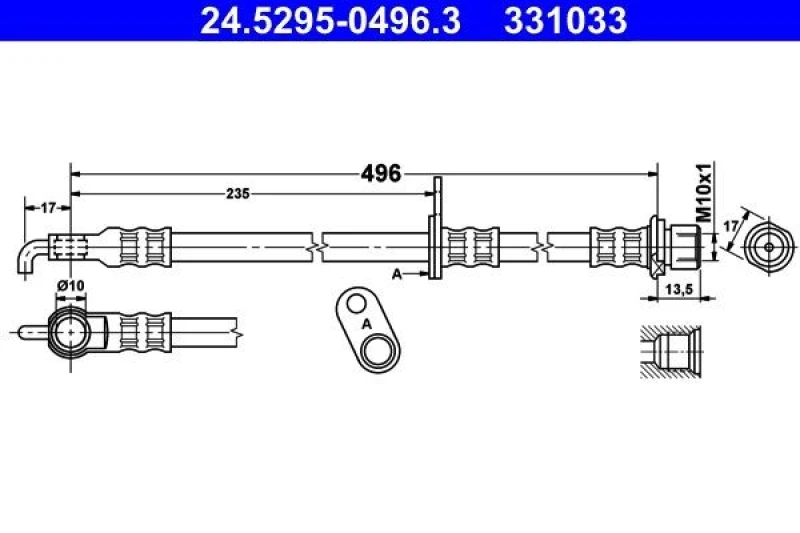 Image of ATE 24.5295-0496.3 Brake Hose without banjo bolt Brake Hose (83)