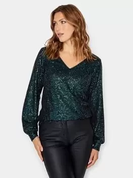 image of Long Tall Sally Green Sequin V Neck Top, Green, Size 10, Women