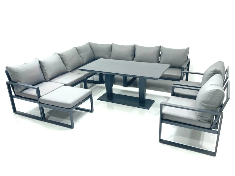 Image of Fimous 10 Seater Outdoor Aluminum Garden Furniture Set Corner Sofa Big Footstool 2 Chairs Adjustable Rising Lifting Dining Table Sets Dark Grey Dark G