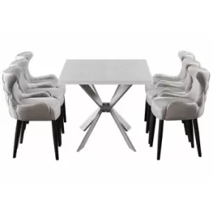 Image of Life Interiors - 7 Pieces Oxford Duke Dining Set - a White Rectangular Dining Table and Set of 6 Light Grey Dining Chairs - Light Grey