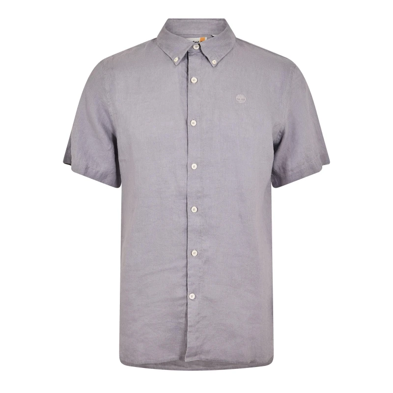 Image of Timberland Mens Linen Short Sleeve Oxford Shirt Quicksilver Yd male M