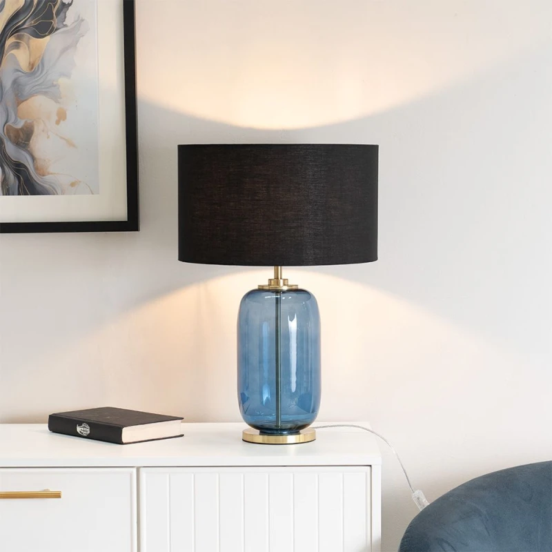 Image of ValueLights ValueLights Leigh Fabric Drum Shade with Navy Blue Glass and Gold Trim Table Lamp with Bulb in Black One Size Unisex 5059406049699