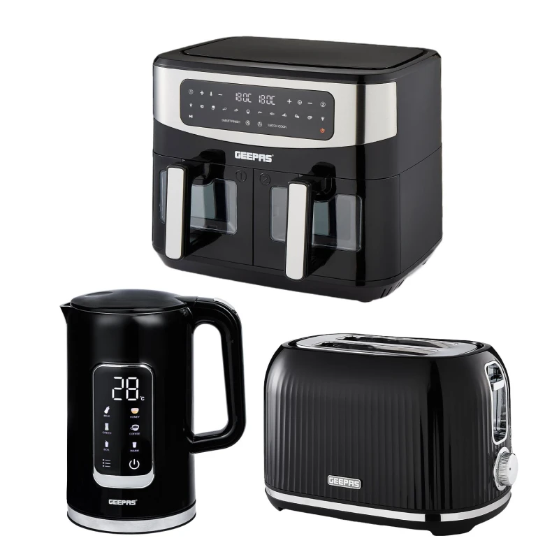 Image of Geepas 1.7L Digital Electric Kettle 2 Slice Bread Toaster & 9L Dual Zone Air Fryer Kitchen Combo Set