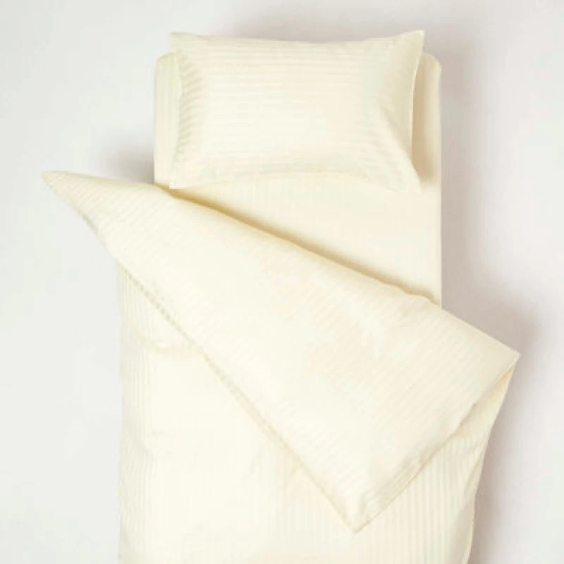 Image of Homescapes Cotton Stripe Cot Bed Duvet Cover Set 330 Thread Count Yellow