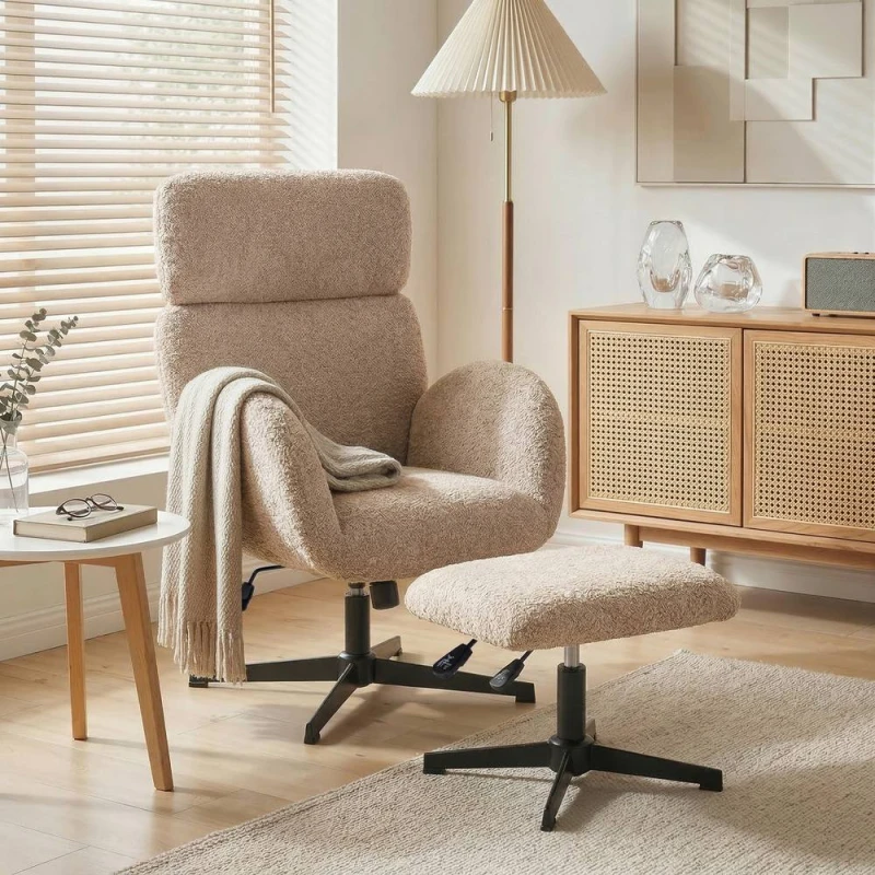 Image of HOMCOM Swivel Armchair with Footstool, Rocking Accent Chair in Light Brown Light Brown Unisex Armchair