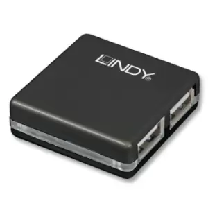 Image of Lindy 42742. Hub interfaces: USB 2.0. Data transfer rate: 480 Mbps Product colour: Black. Width: 40 mm Depth: 40 mm Height: 12 mm