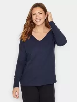 image of Long Tall Sally Navy V Neck Cotton Slub Long Sleeve Tee, Blue, Size 10, Women