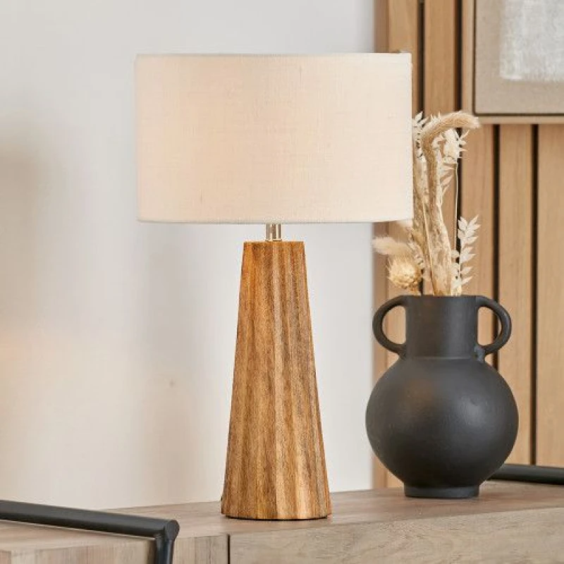 Image of Ruma Mango Wood Textured Cone Table Lamp in Natural Natural Unisex