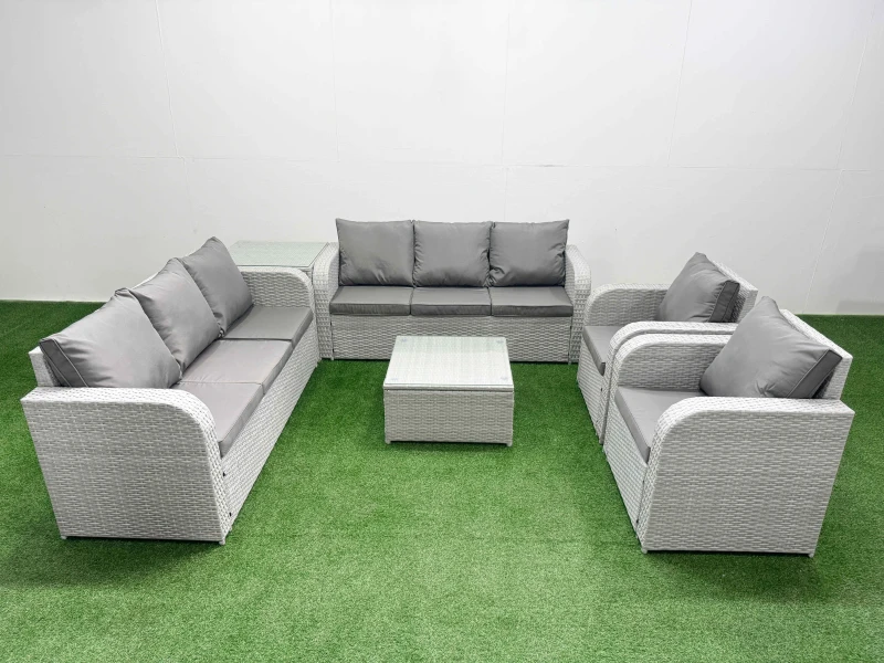 Image of Fimous PE Rattan High Back Lounge Sofa Set Patio Square Coffee Table & Chairs Set with 3 Seater Sofa Reclining Chair Side Table Light Grey Light Grey