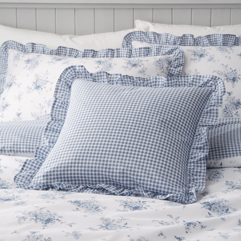Image of Catherine Lansfield Lucie Floral Reversible 45cm x 45cm Filled Cushion Blue