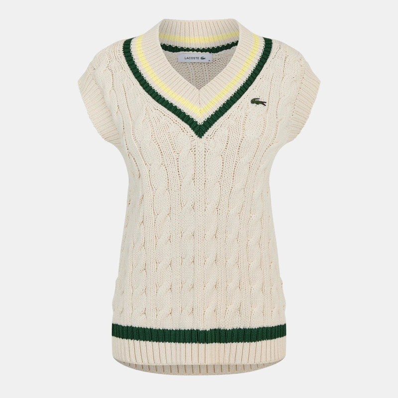 Image of Lacoste Womens Cable Knit Crew Neck Jumper Flour/Green female 10 (38)