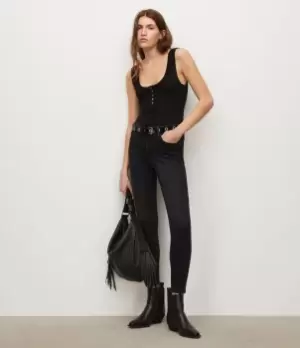 Image of AllSaints Womens Miller Mid-Rise Size Me Skinny Jeans, Washed Black, Size: S