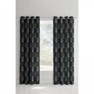 Image of Skulls Grey Lined Eyelet Curtains