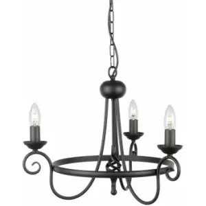 Image of 3 Bulb Chandelier Medieval Feel Soft Curving Arms Swirl Finial Black LED E14 60W