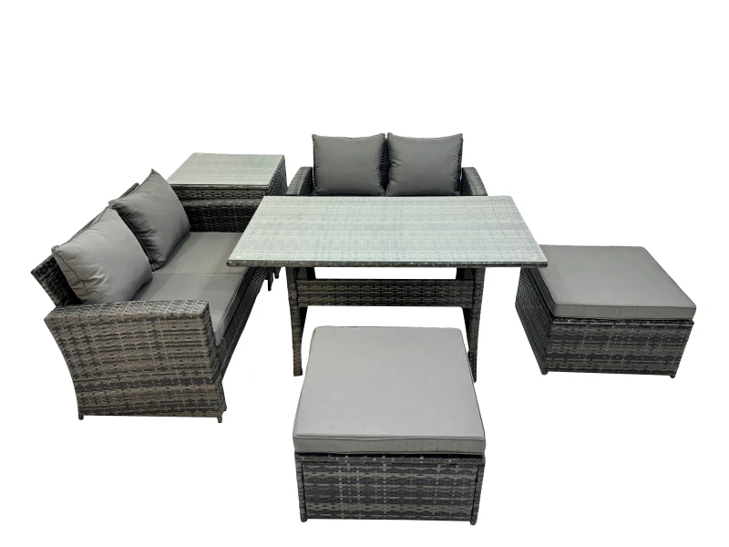 Image of Fimous 6 Seater Outdoor Table Double Seat Sofa Side Table 2 Big Stools Set in Dark Grey Dark Grey Unisex
