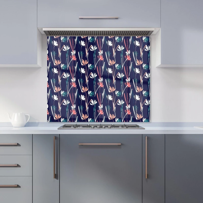 Image of Warren Reed - Designer Hand Drawn Wild Flowers Kitchen Splashback in Blue Size: 700mm x 650mm Blue Unisex 700mm x 650mm