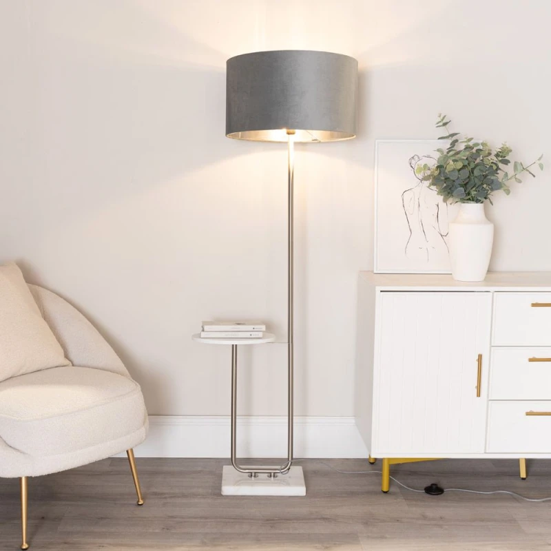 Image of ValueLights ValueLights Tavel Chrome Floor Lamp with Table and Grey Velvet & Chrome Lamp Shade and Bulb Grey One Size Unisex 5059406061370